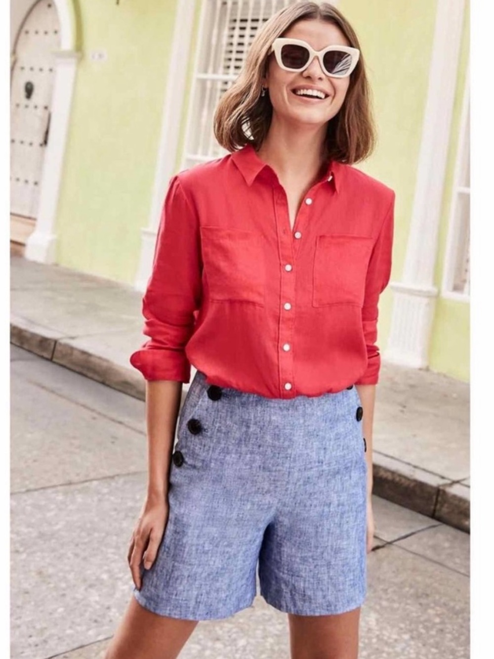 Boden The Linen Shirt Button Down Top Blouse in Coral Pink